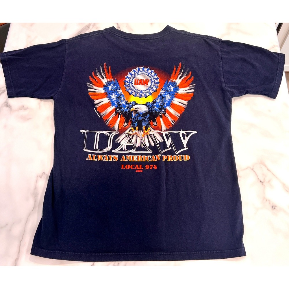 UAW Graphic Tee Men XL Navy Blue Excellent Local 974 Always American Proud Eagle